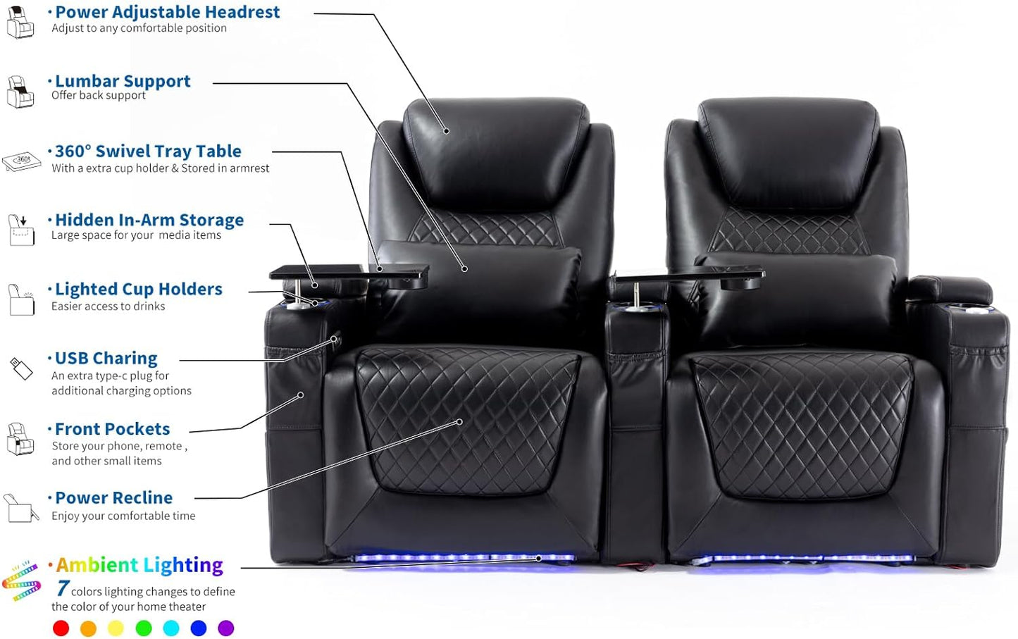 Home Theater Seating Seats Black (Row of 3)