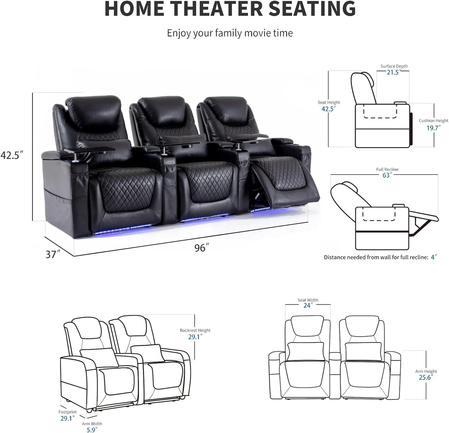 Home Theater Seating Seats Black (Row of 3)